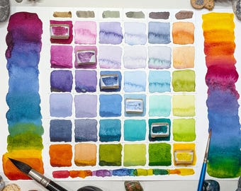 Rainbow lights: handmade 6 watercolour paint set for mixing bright, muted, transparent, or pastel hues. Plain or swatch tin, vegan binder.