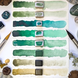 Green single pigments selection: includes green earths - individual pans of handmade watercolour paint in 3 sizes, vegan watercolor binder Bild 1