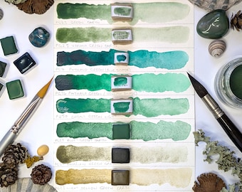 Green single pigments selection: includes green earths - individual pans of handmade watercolour paint in 3 sizes, vegan watercolor binder