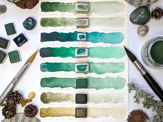 Green single pigments selection: includes green earths - individual pans of handmade watercolour paint in 3 sizes, vegan watercolor binder