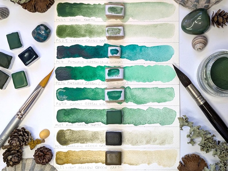 Green single pigments selection: includes green earths - individual pans of handmade watercolour paint in 3 sizes, vegan watercolor binder Bild 1