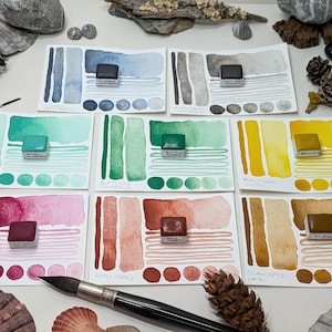 Moths: handmade 8 watercolour paint set inspired by colourful & subtle moth species. Plain/swatch tin, vegan watercolor binder. Donation set