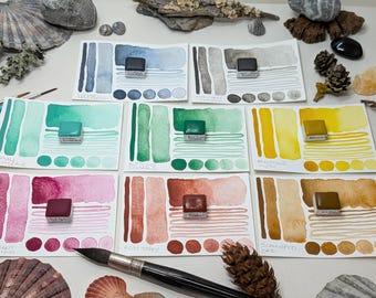 Moths: handmade 8 watercolour paint set inspired by colourful & subtle moth species. Plain/swatch tin, vegan watercolor binder. Donation set