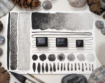 Mars black PBk11: dark and very granulating handmade watercolour paint in 3 pan sizes, made with vegan watercolor binder