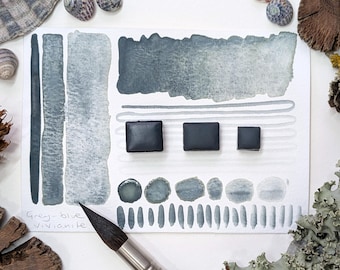 Vivianites: handmade watercolours in different shades of vivianite mineral pigments. Granulating watercolor paint in 3 pan sizes. Vegan.