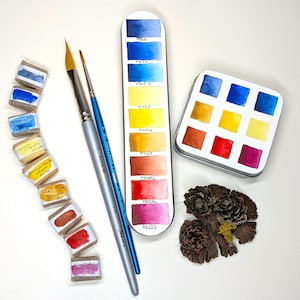 Primary colours set; custom handmade single pigment primary watercolour half pans; made to order with vegetarian or vegan watercolor binder