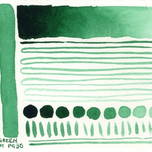 K&ouml;nnte beinhalten: Ein Aquarellfarben-Farbmuster, das verschiedene Gr&uuml;nt&ouml;ne von dunkel bis hell zeigt. Die Farbe ist mit "Phthalo Green Yellowish PG36" beschriftet.