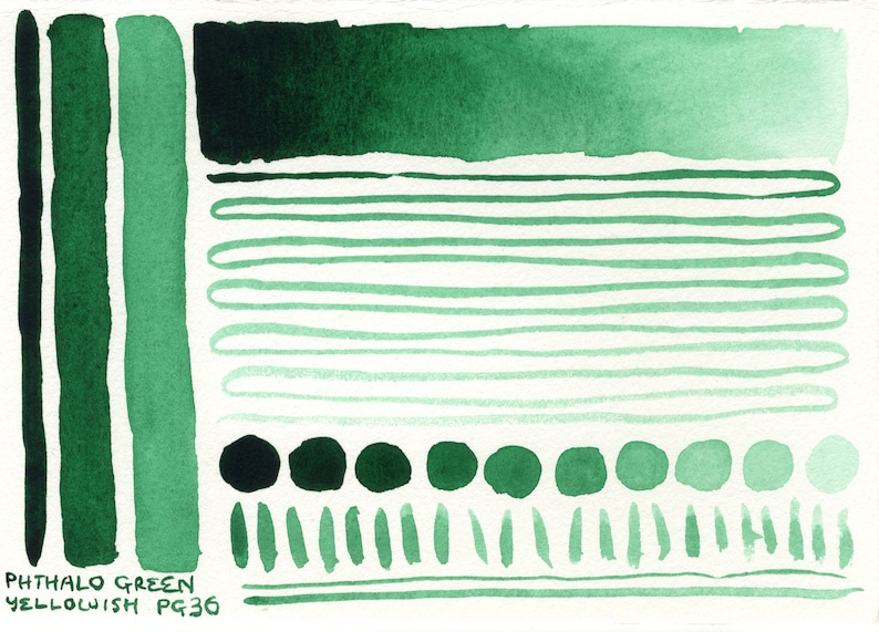 K&ouml;nnte beinhalten: Ein Aquarellfarben-Farbmuster, das verschiedene Gr&uuml;nt&ouml;ne von dunkel bis hell zeigt. Die Farbe ist mit "Phthalo Green Yellowish PG36" beschriftet.