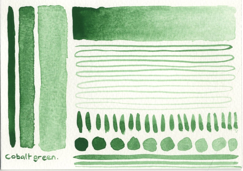 K&ouml;nnte beinhalten: Eine Aquarell-Farbkarte mit verschiedenen Gr&uuml;nt&ouml;nen, beschriftet mit "Cobalt green."