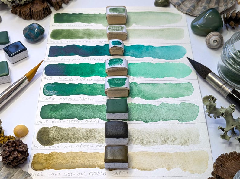 Green single pigments selection: includes green earths - individual pans of handmade watercolour paint in 3 sizes, vegan watercolor binder Bild 3