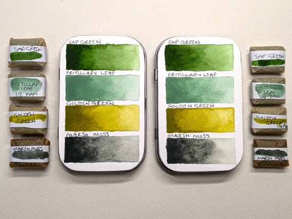 Foliage greens: handmade watercolour set of 4 green leaf hues ideal for plants/botanical art, made with vegan watercolor binder, 3 pan sizes