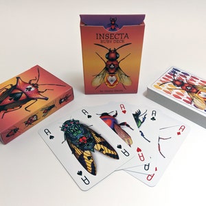 Talia kart Insecta Ruby - NIEWIELKIE WADY - Limitowana edycja 56-kartowej talii do pokera - Sztuka karciana przedstawiająca owady; chrząszcze, pluskwy, pszczoły, osy, karaczany