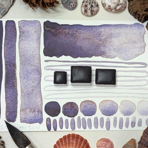 May include: A watercolour paint swatch card displaying shades of purple. The card includes brush stroke tests, square paint samples, and circular colour tests. The card is surrounded by seashells, stones, and other natural elements.
