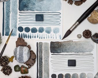 Lost & found thoughts: 2 handmade granulating watercolour paints using cobalt turquoise + chromite, in 3 pan sizes, vegan watercolor binder.
