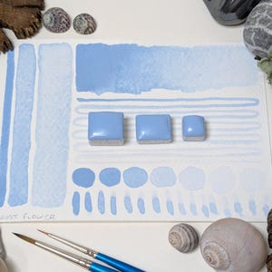 Frost flower - cool blue opaque handmade watercolour paint. Pastel sky blue, granulating, hand-mulled vegetarian (honey binder) watercolor