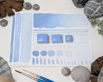 Frost flower: cool pastel blue opaque handmade watercolour paint, lightly granulating, made with vegan watercolor binder in 3 pan sizes