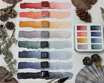 Bonfire season: handmade 8 watercolour paint set inspired by halloween/samhain to midwinter. Made with vegan watercolour binder, 3 pan sizes