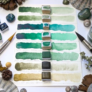 Green single pigments selection: includes green earths - individual pans of handmade watercolour paint in 3 sizes, vegan watercolor binder Bild 11