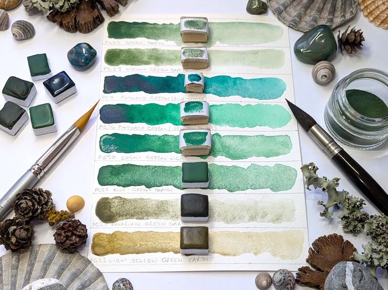 Green single pigments selection: includes green earths - individual pans of handmade watercolour paint in 3 sizes, vegan watercolor binder Bild 11