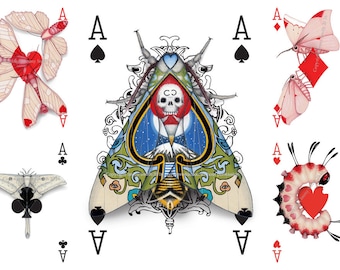 5 x Cryptic Cards greeting cards - Last few! Playing card art of cryptic moths on cards for Valentines, birthday, Christmas. Blank inside