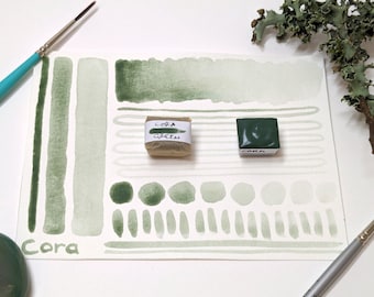 Cora - pale cool green handmade watercolour paint, natural earth pigment hand-mulled watercolor in half & quarter pans, vegetarian binder