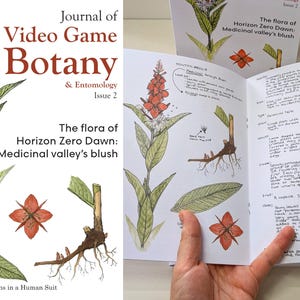 Könnte beinhalten: Ein Journal-Cover mit Illustrationen von Pflanzen aus dem Videospiel Horizon Zero Dawn. Das Cover trägt den Titel "Journal of Video Game Botany & Entomology, Issue 2" und den Untertitel "The flora of Horizon Zero Dawn: Medicinal valley's blush".