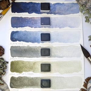 Light on the Fens: unique handmade watercolour paint set of 6 sky & water hues, made with vegan watercolor binder. Half, quarter, eighth pan