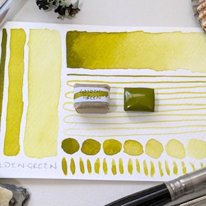 May include: Watercolor paint swatches in shades of golden green on white paper. The paper includes a watercolor paint block and a wrapped paint block labeled "GOLDEN GREEN". Paint swatches and a watercolor brush are also visible.