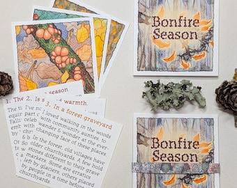 Zine - Bonfire Season: 7x7cm doubled-sided stack zine on autumn,winter, time & found family. From original painted artwork. Choice of papers
