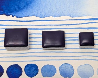 July blue - summer sky: deep blue handmade watercolour paint - granulating hand-mulled watercolor in 3 pan sizes, vegan watercolor binder