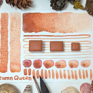 May include: A watercolour paint palette featuring shades of orange and brown, with the text "Autumn Queen." The image includes three square paint blocks and various brushstrokes and shapes, demonstrating colour variations. The image is surrounded by natural elements.