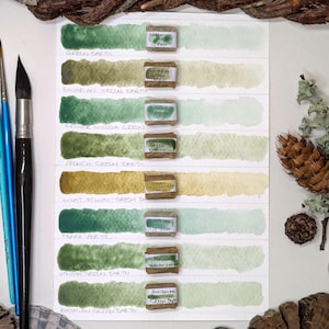 Green earth pigments (individual pans) handmade watercolour paints - natural pigment watercolors in half, quarter, or mini-pan set, vegan