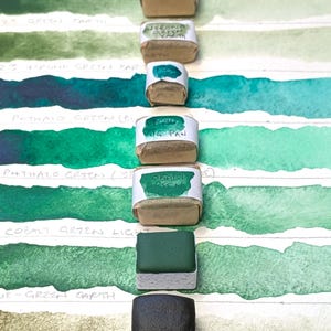 Green single pigments selection: includes green earths - individual pans of handmade watercolour paint in 3 sizes, vegan watercolor binder Bild 2