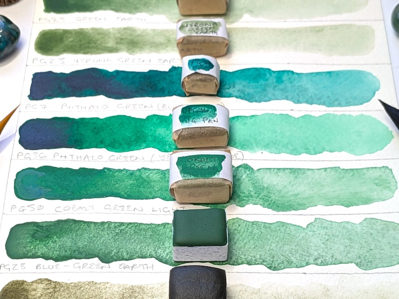 Green single pigments selection: includes green earths - individual pans of handmade watercolour paint in 3 sizes, vegan watercolor binder Bild 2