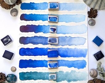 Blue single pigments selection: individual pans of handmade watercolour paint in 3 pan sizes, made with vegan watercolor binder