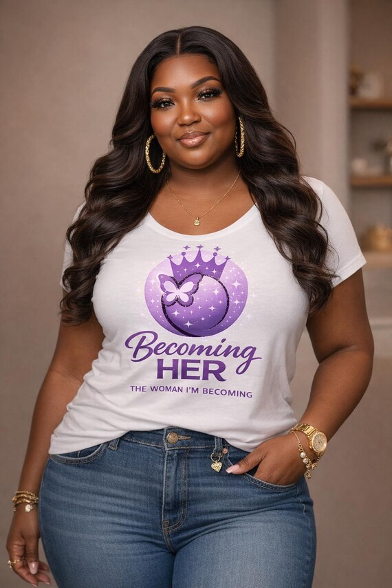 Becoming HER Women TShirt | Empowerment Graphic Tee | Self Love Shirt | Motivational Tee for Women | Softstyle Unisex Top I Crown Butterfly