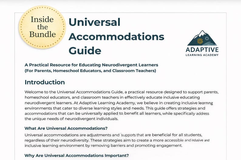 Może przedstawiać: Biały dokument zatytułowany "Universal Accommodations Guide" z ż&oacute;łtym okręgiem z napisem "Inside the Bundle". Przewodnik jest zasobem edukacyjnym dla os&oacute;b neurozr&oacute;żnicowanych, z logo Adaptive Learning Academy w prawym g&oacute;rnym rogu.