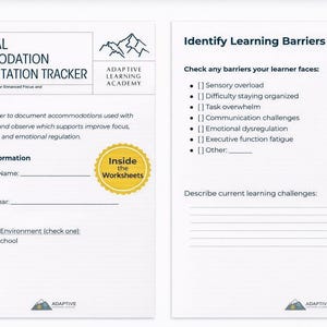Może przedstawiać: Dwustronny arkusz roboczy zatytułowany "Universal Accommodation Implementation Tracker" z Adaptive Learning Academy. Lewa strona zawiera pola informacyjne dla ucznia. Prawa strona wymienia bariery w uczeniu się. Zawiera grafikę "Inside the Worksheets".