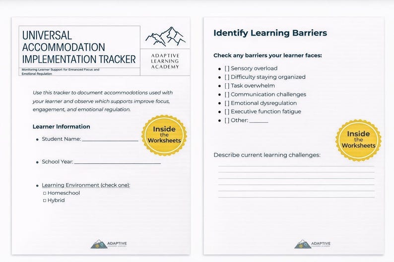 Może przedstawiać: Dwustronny arkusz roboczy zatytułowany "Universal Accommodation Implementation Tracker" z Adaptive Learning Academy. Lewa strona zawiera pola informacyjne dla ucznia. Prawa strona wymienia bariery w uczeniu się. Zawiera grafikę "Inside the Worksheets".