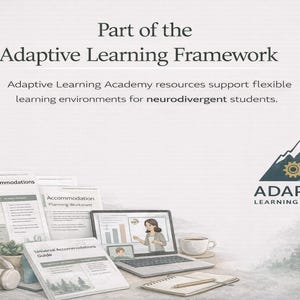 Może przedstawiać: Ilustracja z tekstem "Part of the Adaptive Learning Framework" i "Adaptive Learning Academy". Obraz zawiera laptopa, dokumenty, słuchawki, filiżankę kawy i notatnik z oł&oacute;wkiem. Tło przedstawia akwarelową scenę leśną.
