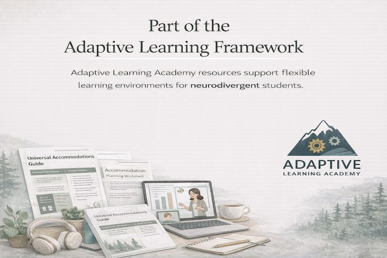 Może przedstawiać: Ilustracja z tekstem "Part of the Adaptive Learning Framework" i "Adaptive Learning Academy". Obraz zawiera laptopa, dokumenty, słuchawki, filiżankę kawy i notatnik z oł&oacute;wkiem. Tło przedstawia akwarelową scenę leśną.