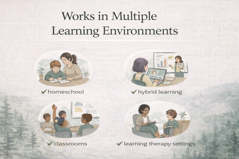 Może przedstawiać: Ilustrowana grafika z tekstem &bdquo;Działa w wielu środowiskach uczenia się&rdquo;. Obraz przedstawia cztery r&oacute;żne środowiska uczenia się: nauczanie w domu, uczenie się hybrydowe, sale lekcyjne i ustawienia terapii uczenia się. Każde środowisko jest reprezentowane przez rysunek.