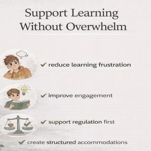 Może przedstawiać: Ilustrowana grafika z tekstem &bdquo;Wspieraj naukę bez przytłoczenia&rdquo;. Obraz zawiera ilustracje dzieci i znaki wyboru obok zwrot&oacute;w takich jak &bdquo;zmniejsz frustrację związaną z nauką&rdquo; i &bdquo;popraw zaangażowanie&rdquo;.