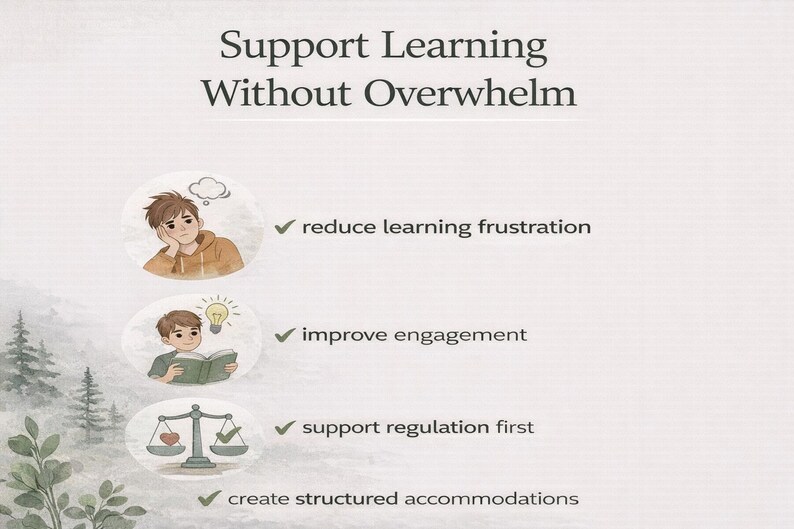 Może przedstawiać: Ilustrowana grafika z tekstem &bdquo;Wspieraj naukę bez przytłoczenia&rdquo;. Obraz zawiera ilustracje dzieci i znaki wyboru obok zwrot&oacute;w takich jak &bdquo;zmniejsz frustrację związaną z nauką&rdquo; i &bdquo;popraw zaangażowanie&rdquo;.