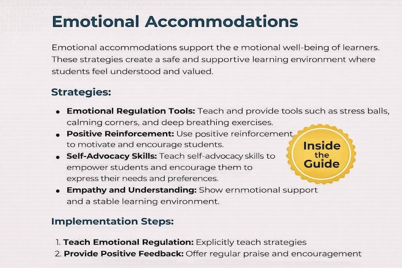 Może przedstawiać: Dokument zatytułowany "Dostosowania emocjonalne" ze strategiami wspierającymi dobre samopoczucie emocjonalne uczni&oacute;w. Zawiera złotą odznakę z napisem "Inside the Guide". Tekst wymienia strategie i kroki wdrażania.