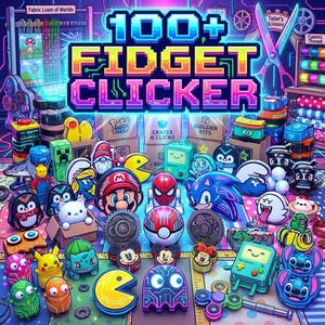 May include: A colourful image displaying a variety of fidget toys and clickers, including characters such as Mario, Sonic, and Pokémon. The text "100+ Fidget Clicker" is visible. The toys are diverse in shape and design, with a range of bright colours.
