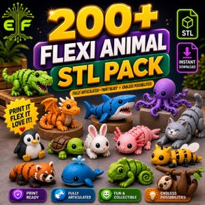 Puede incluir: Una colección de modelos de animales impresos en 3D, articulados y coloridos, que incluyen un caimán verde, un dragón naranja, un tiburón azul, un pulpo morado y un gato gris. La imagen muestra el texto "200+ FLEXI ANIMAL STL PACK".