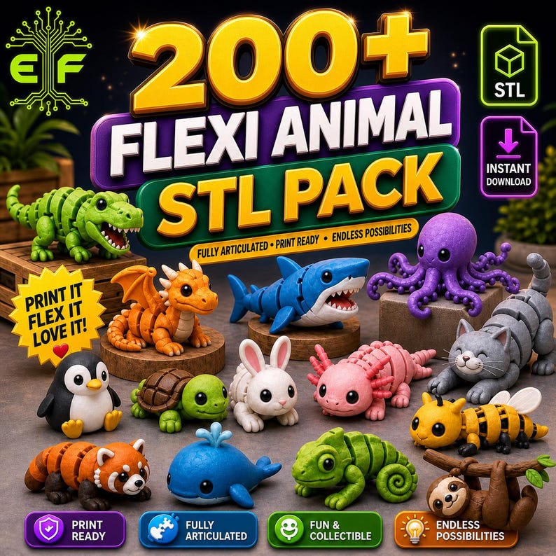 May include: A collection of colorful, articulated 3D-printed animal models, including a green alligator, orange dragon, blue shark, purple octopus, and gray cat. The image features the text "200+ FLEXI ANIMAL STL PACK".