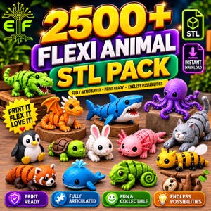May include: A digital collection of 2500+ flexi animal STL files for 3D printing. The image displays various articulated animal figures including a green crocodile, orange dragon, blue shark, purple octopus, penguin, turtle, rabbit, axolotl, cat, bee, red panda, whale, chameleon, and sloth.
