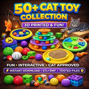Könnte beinhalten: Ein Bild mit einer Sammlung von 3D-gedruckten Katzenspielzeugen. Die Spielzeuge haben verschiedene Formen und Farben, darunter Bälle, Würfel und interaktive Puzzles. Der Text auf dem Bild lautet "50+ CAT TOY COLLECTION" und "3D PRINTED & FUN!".